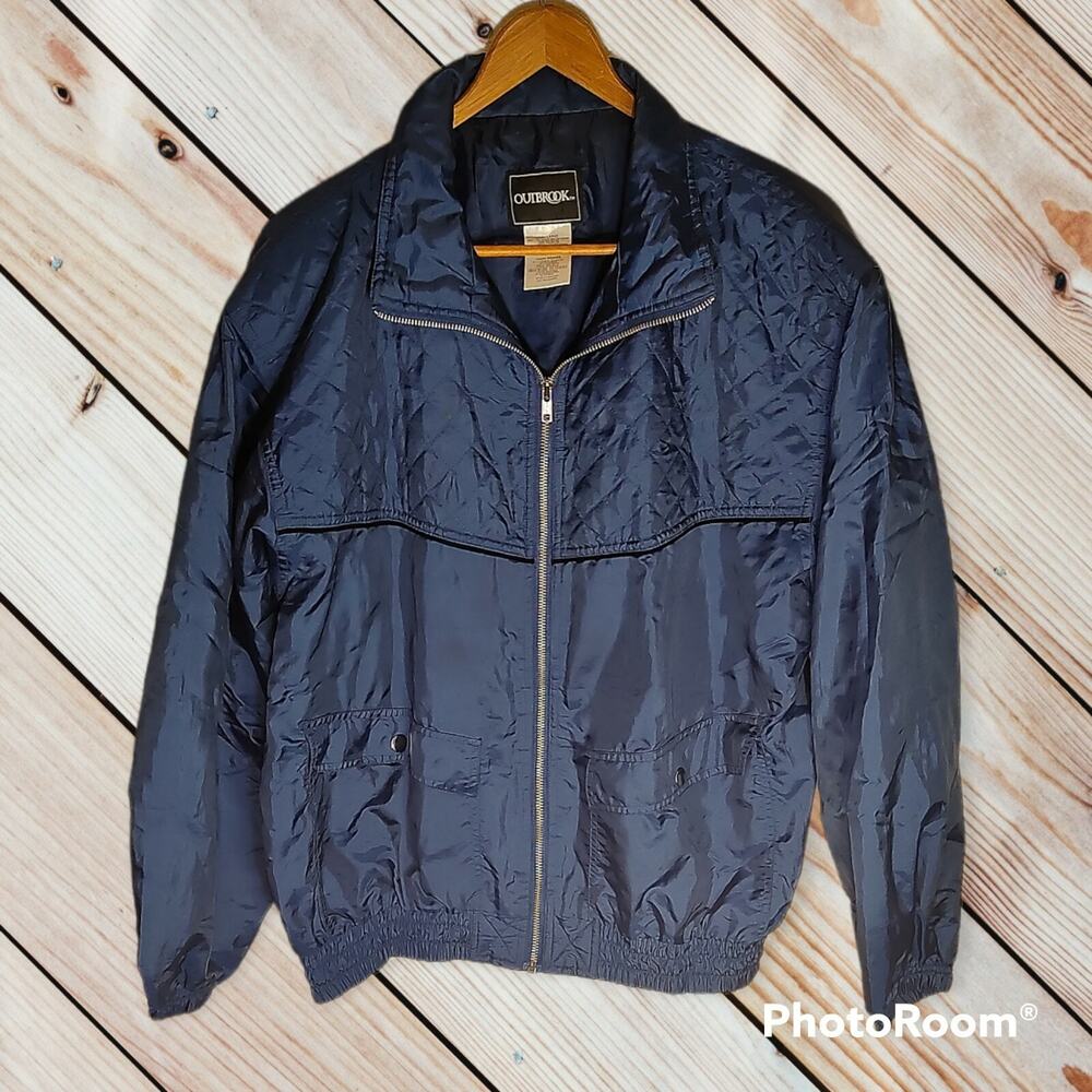 OutBrook Women's Large Vintage Full Zip Up Nylon Blend Windbreaker Jacket Navy